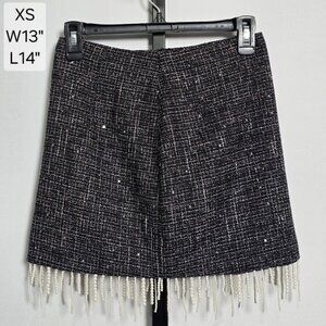 Lush Skirt Women's XS Black Tweed Pearl Beaded Fringe Mini High Waist Coquette